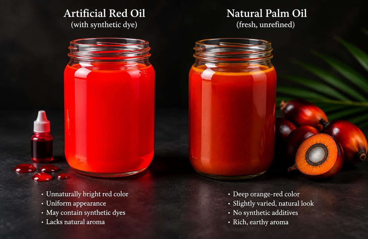 Dyed oil beside natural palm oil