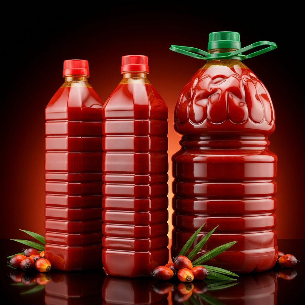 Bottles of Jetes pure red palm oil